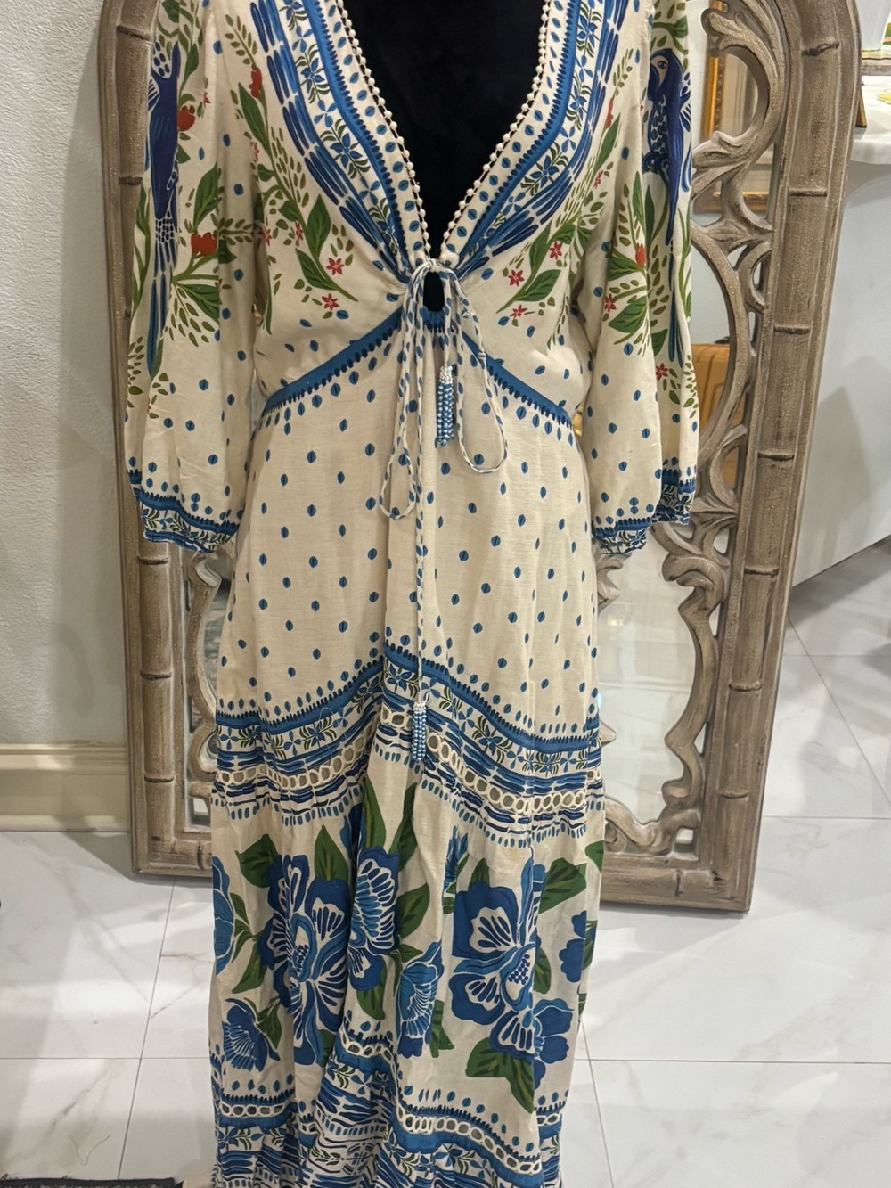 FARM Rio White Maxi Dress with Blue & Green Floral Print - Picture 7 of 7